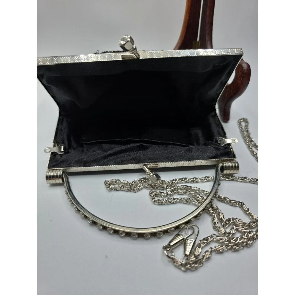 Beaded Evening Bag Silver Handle Clutch Purse Vintage Style Crossbody Strap 7